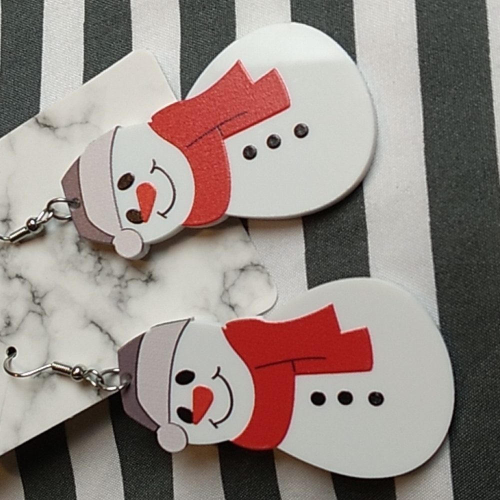 Acrylic Snowman Christmas Earrings 1 2/8 x 2 2/8 inches White, Red & Gray